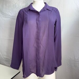 Womens Button Down Long Sleeve Shirt Sz S Pleats Career office Semi sheer purple